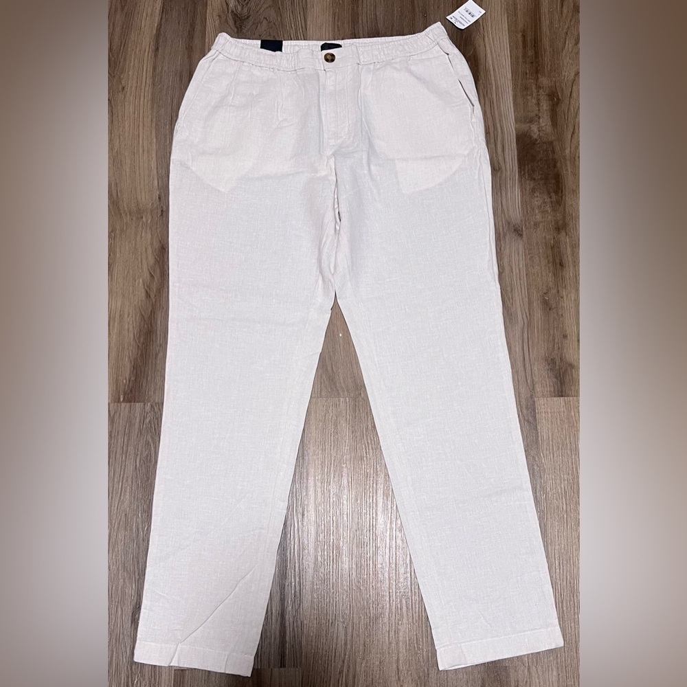 Men's 14th and Union Elastic Waistband Zip Up Linen Blend Pants in Cream